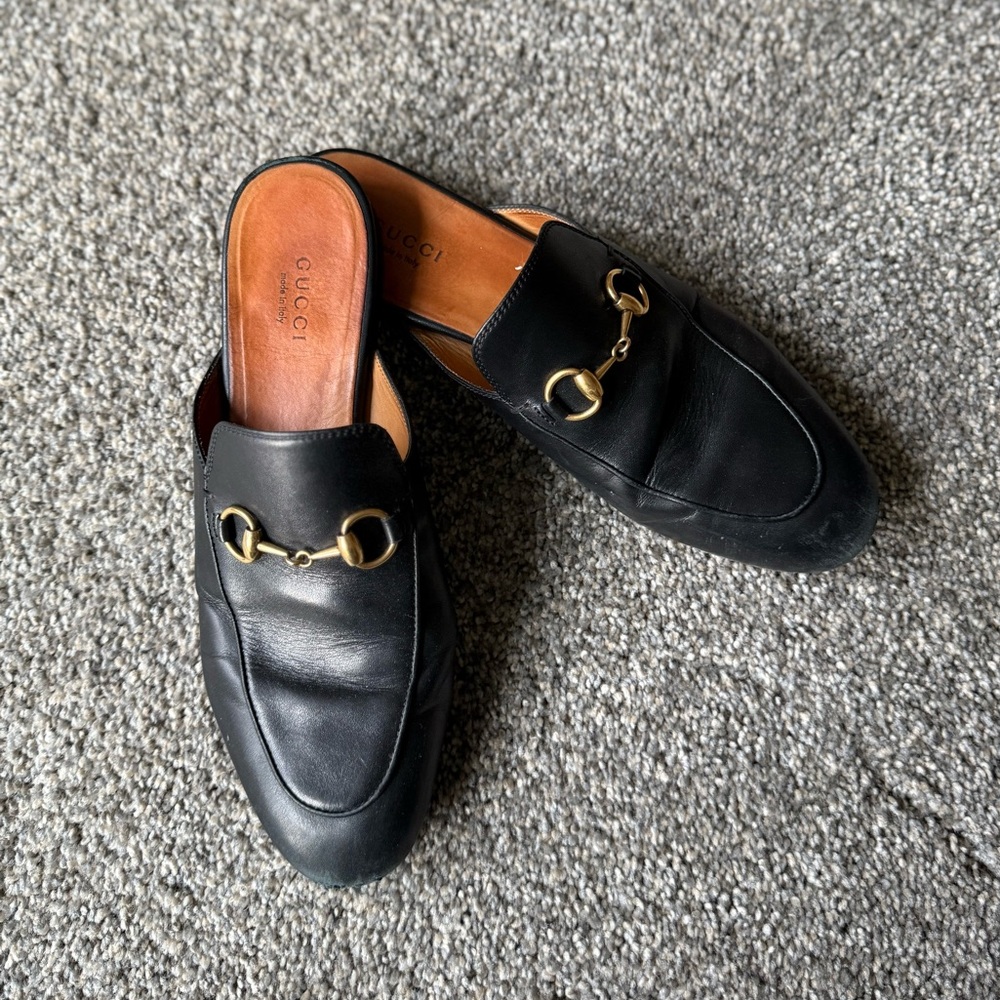 Gucci Princetown Black Leather Mule Loafers size 37, 7 US